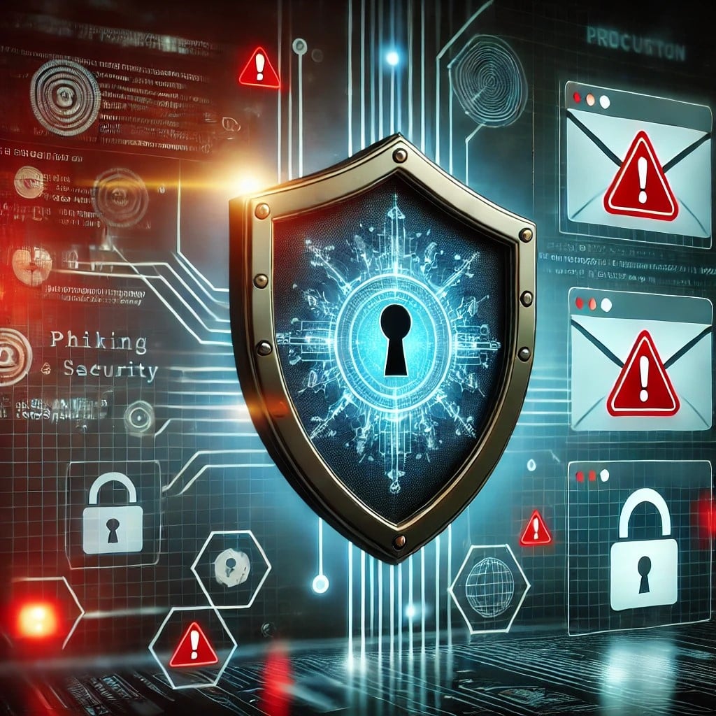 A cybersecurity-themed illustration showing a glowing shield symbol on a dark digital background. The background includes elements like a computer screen with warning symbols, email icons with red flags, and padlocks, symbolizing phishing, hacking, and security alerts. The overall color scheme is dark, with blue and red highlights, evoking a sense of vigilance and protection against cyber threats.